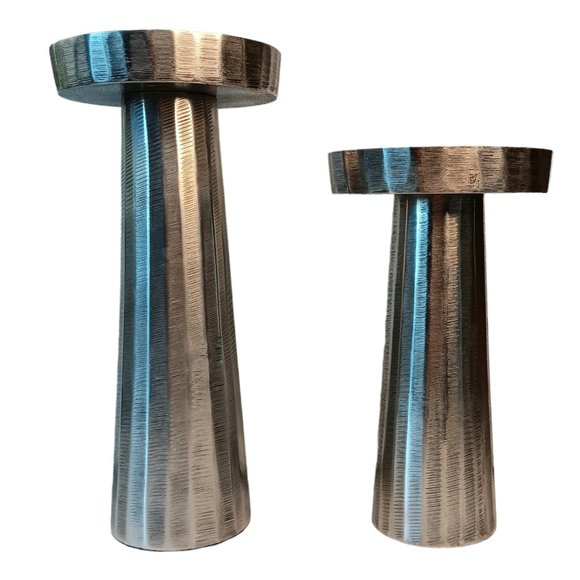 Silver Metal Black Etched Candleholders Set of Two Modern - Picture 10 of 11